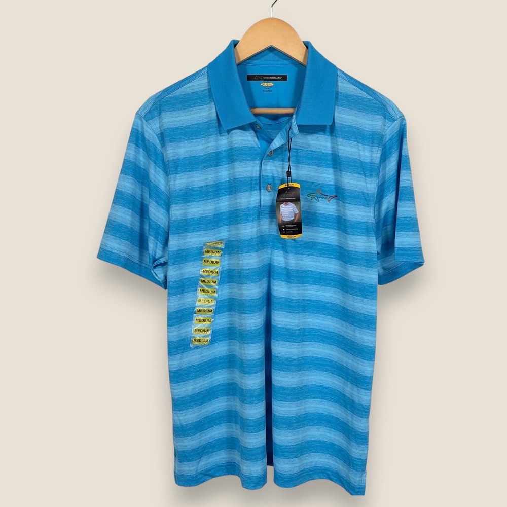 Greg Norman Play Dry Performance Polo Golf Shirt Men Medium Blue Striped Stretch